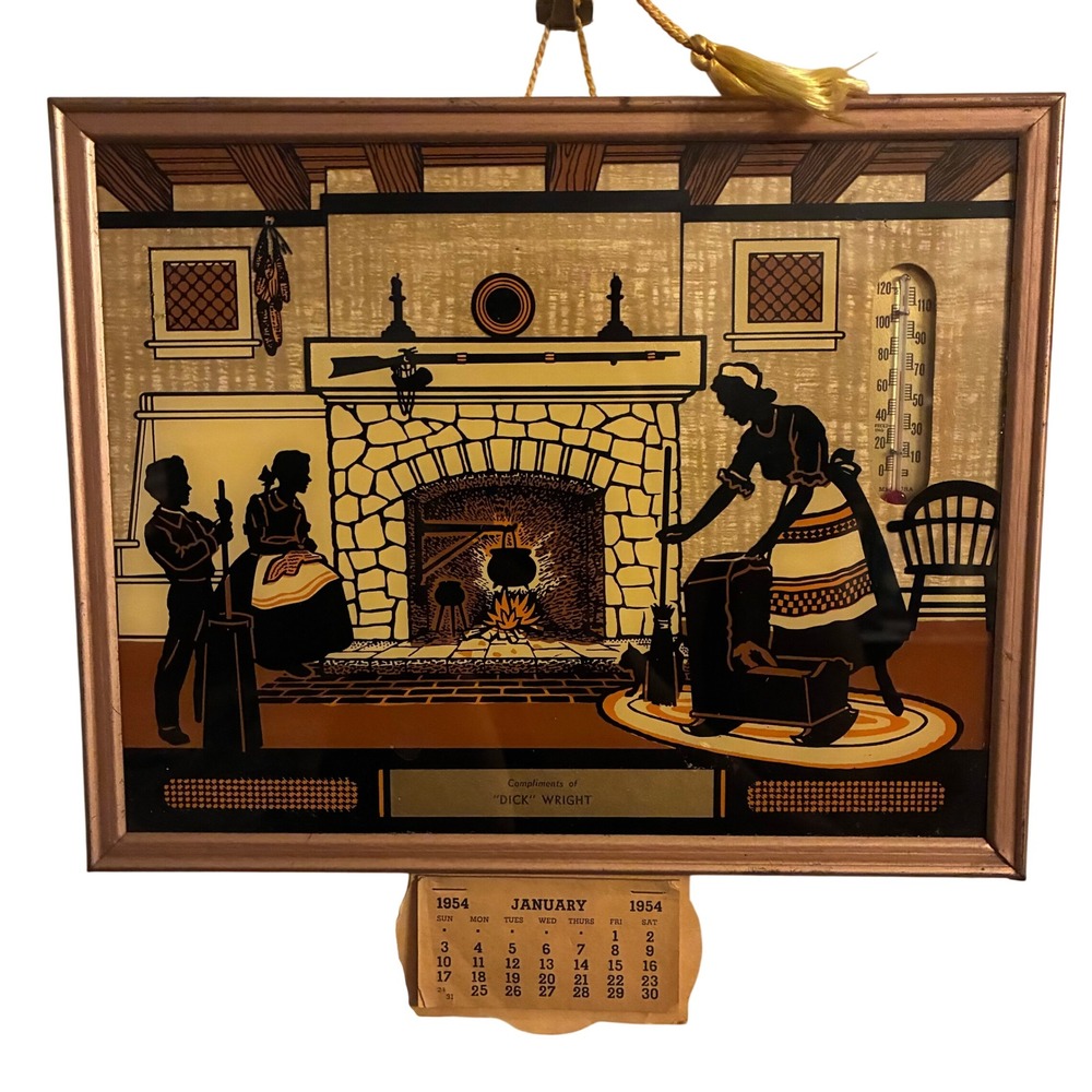 Vintage 1954 Advertising Calendar Thermometer Colonial Hearth Silhouette Art
